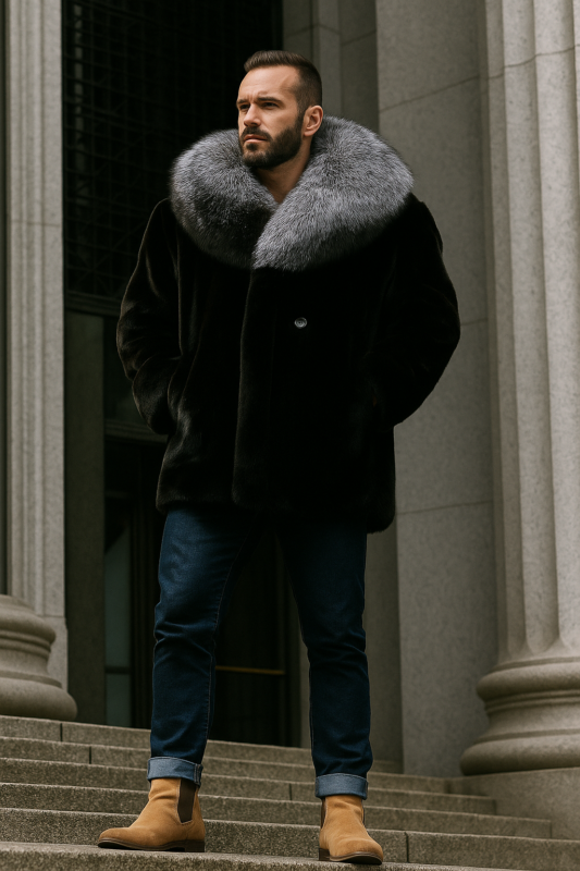 Ranch Mink Men's Stroller Full Silver Fox Fur Collar 66765