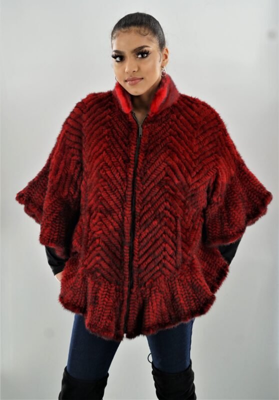 Red Knit Mink Poncho 3456