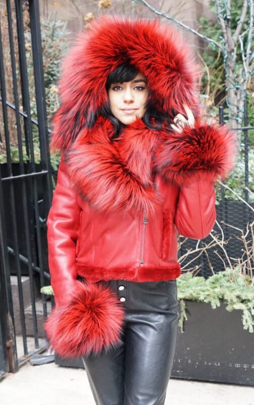 Red Shearling Jacket Dyed Red Silver Fox Collar Cuffs 7654