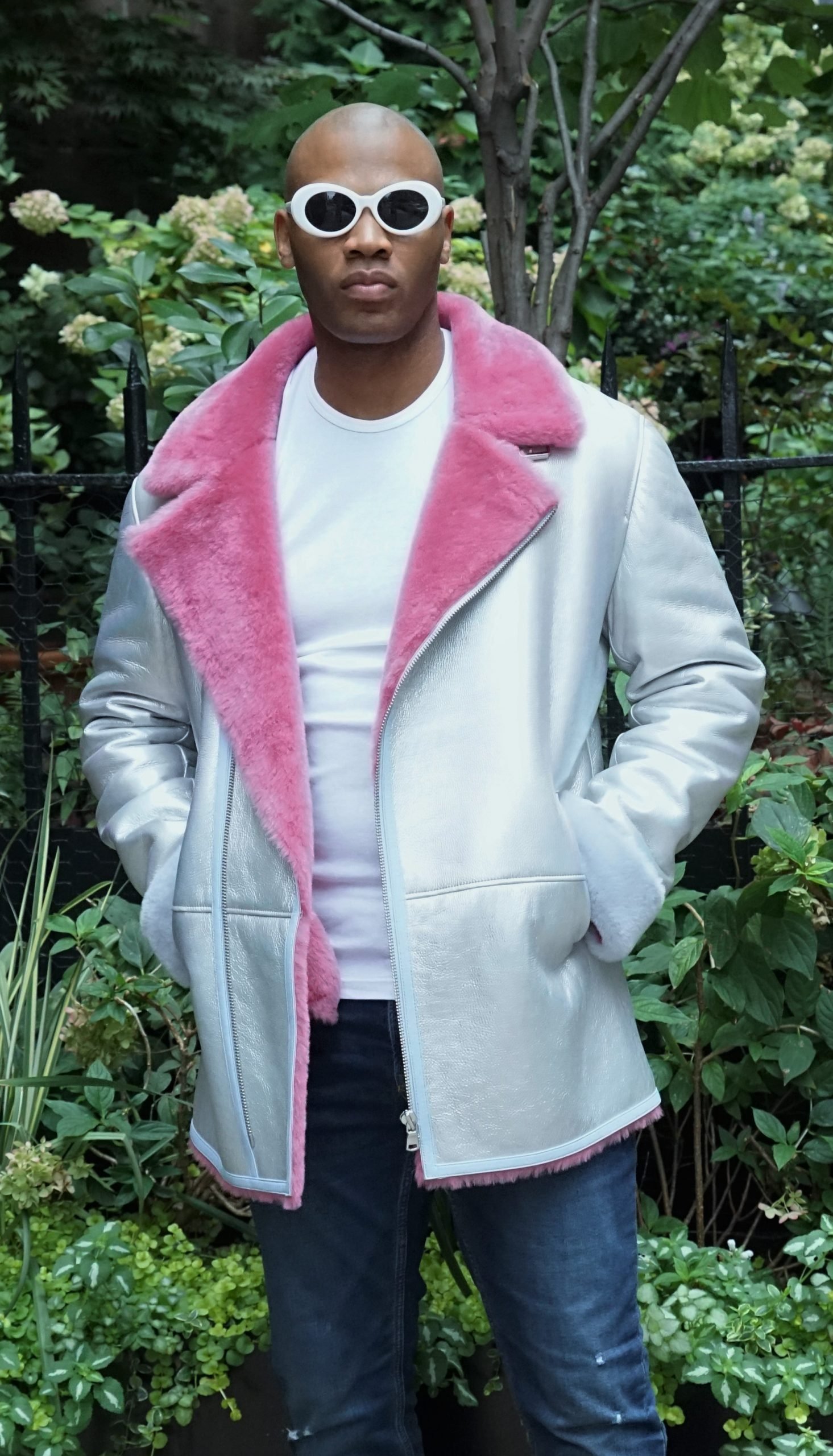 Silver Pink Light Blue Men's Shearling Jacket Silver Pink Light Blue Men's Shearling Jacket