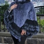 Soft Blue Knit Rex Rabbit Poncho w/ Finnish Raccoon Trim 8473