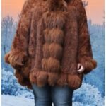 Whiskey Mink Poncho Fox Fur Trim Hood 0656