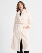 Knitted Mink Long Coat with Side Splits in White and Beige