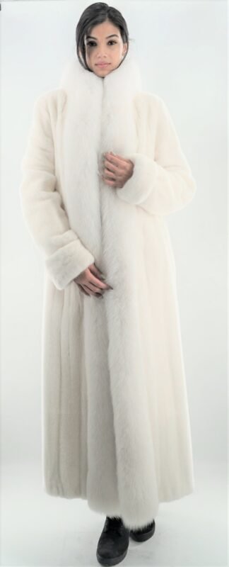 White Mink Fur Coat with White Fox Fur Tuxedo Trim #0986