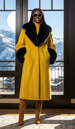 Yellow Mink Coat Black Fox Collar 38383